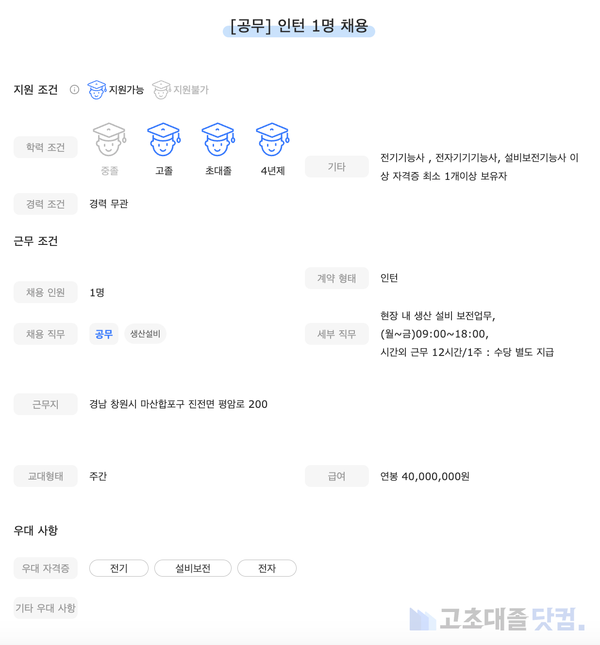 고초대졸닷컴 채용공고 - 5월 셋째 주, 진로소주