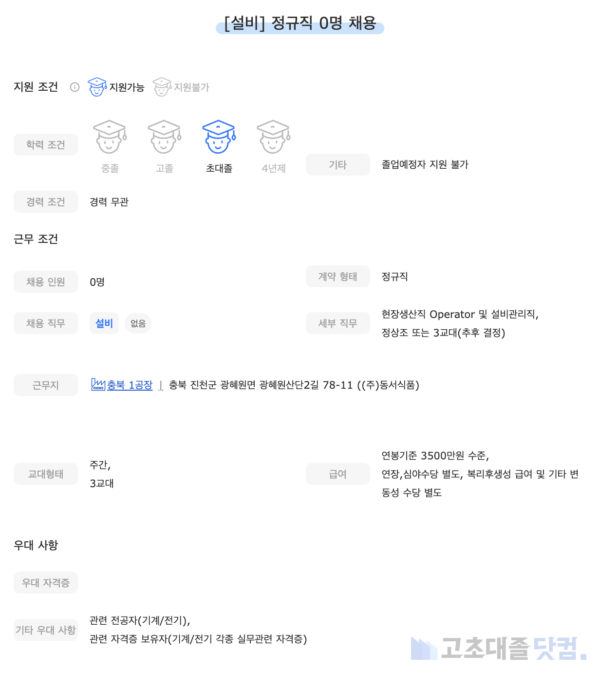 고초대졸닷컴 채용공고 - 5월 넷째 주, 동서식품(주)